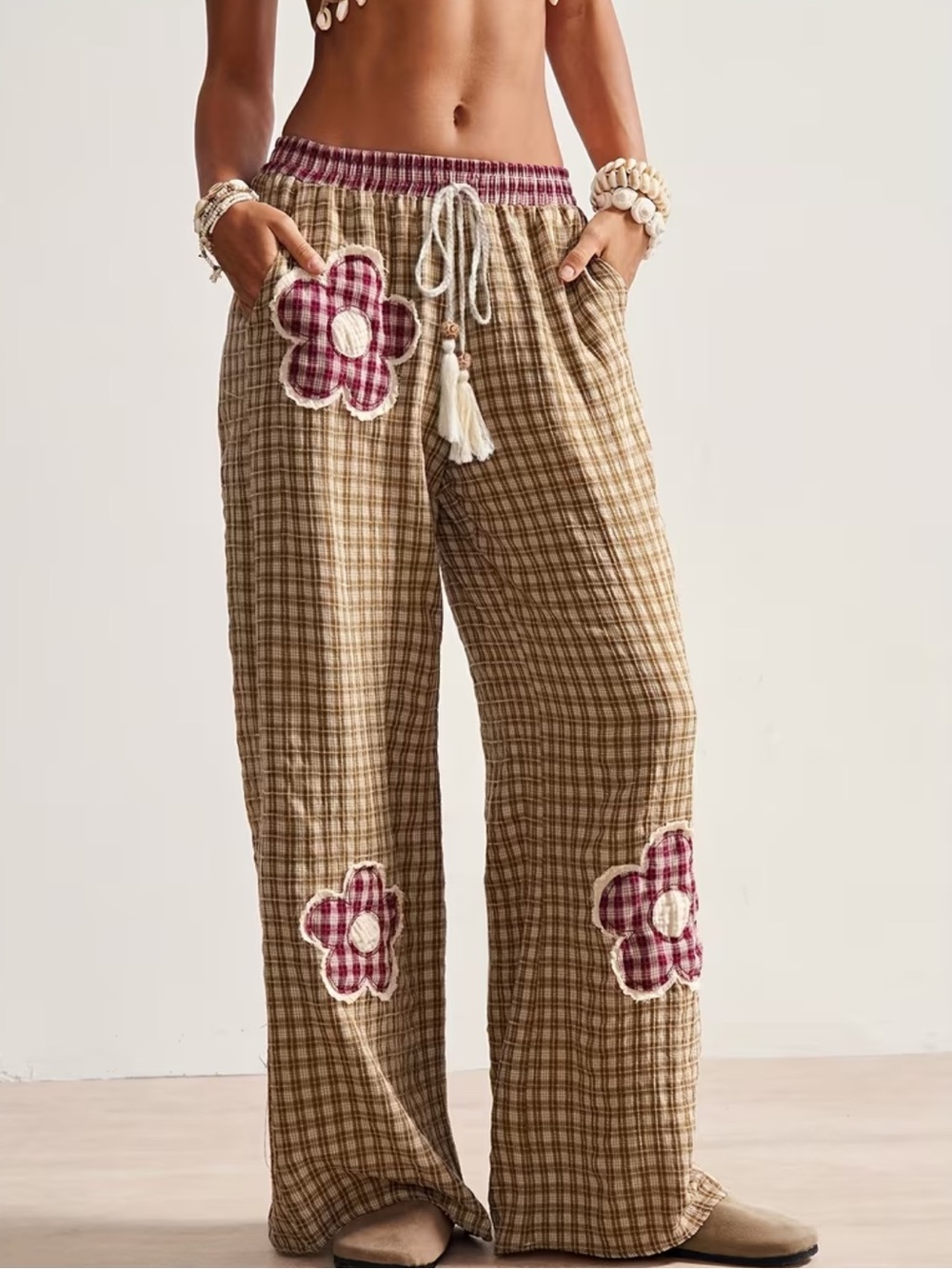 Women'S Bohemian Style Loose Country Vacation Plaid Patchwork Low-Rise Drawstrin